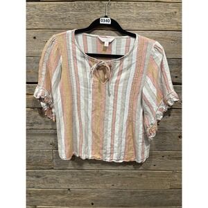 Lauren Conrad Women's Linen Blend Top Size S Ruffle Sleeve Striped Orange Pink‎